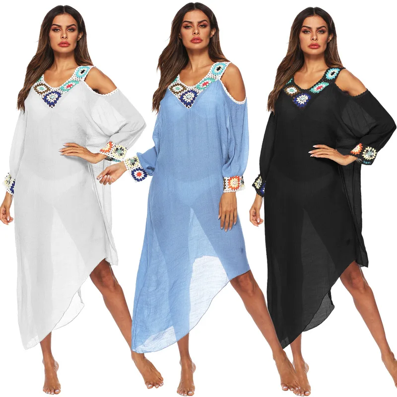 

Bikini Cover Up Beach Dress Bathing Bathrobe For The Coverup Flower Single Neck Female Long Sleeve Patchwork Acetate FMZXG 2019