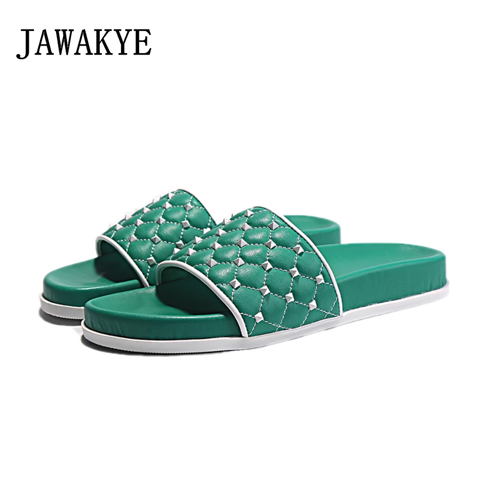 

JAWAKYE Rivets Studded Flat Beach Slippers Women Summer Cool Sandals Peep Toe Crossover Cozy slip on Slides Women Slippers