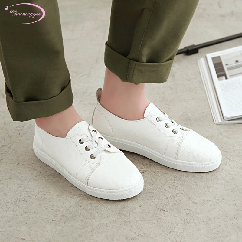 

Korean college style round toe four seasons flat shoes with fashion lace-up color matching yellow white black pink women shoes