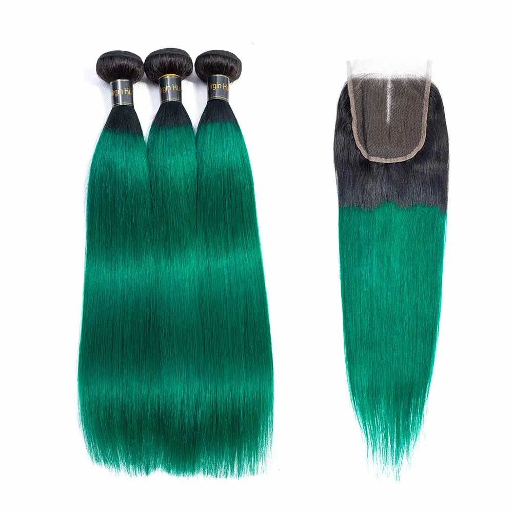 QT-Цветной пучки волос от светлого до темного цвета с закрытием 3 Связки с закрытием T1B/зеленый темные корни бирюзовый, шелковистые прямые человеческие волосы