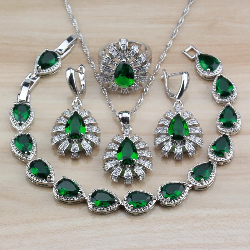 

Water Drop With Natural Stones CZ Green Costume Jewelry Sets Of 925 Silver Ring Dangle Earring And Bracelet Sets For Women