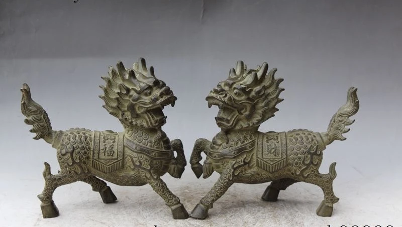 

9" Chinese classical Bronze Fengshui guardian kylin Kirin Unicorn Pair Statue