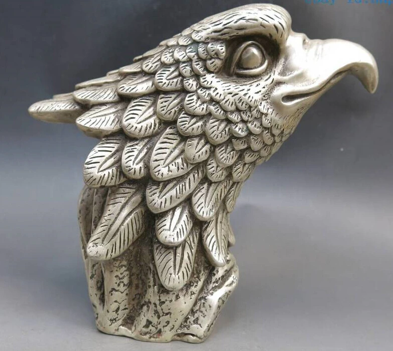 

7" China Silver carved beautiful Mighty eagle head sculpture Fine Statue