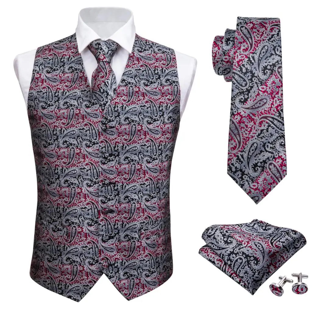 

Barry.Wang Mens Fahsion Red Paisley Jacquard Woven Black Folral Silk Waistcoat Vests Handkerchief Tie Vest Suit Cufflinks Set