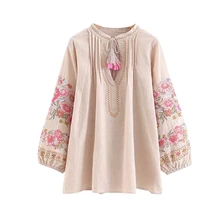 Инди фолк Женская хлопковая льняная с круглым вырезом бежевая с длинным рукавом с пышными рукавами Цветочная вышивка Топ Футболка с круглым вырезом с кисточками дизайн женская футболка