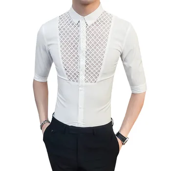 

Transparent Shirts Mens Summer See through Sexy Dress Shirts 2019 Shirts British Style Male Hollow Club Outfits Night Club