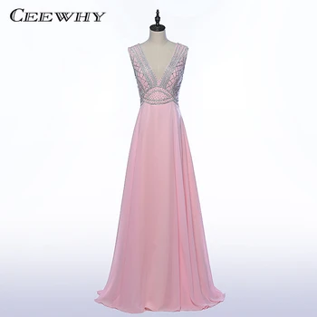 

CEEWHY Deep V-Neck Formal Evening Dresses Crystals Beading Evening Gowns Prom Party Dress Maxi Floor-length Vestido De Festa