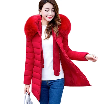 

2018 Plus Size XL-7XL Parkas Jacket Women Winter Coats Medium-long Fur Collar Thick Solid Hooded Down Cotton Padded Warm Coats