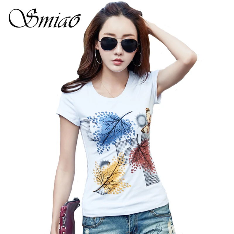 

Smiao 2018 Brand Plus Size Women Summer Short Sleeve T-shirts Leaves Diamond Cotton O-Neck White/Gray T shirt Female Tops S-4XL