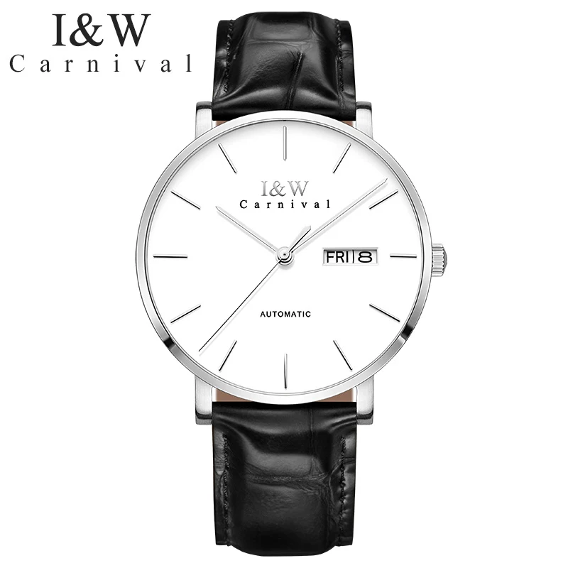 

CARNIVAL Simple Ultra Thin Watch Men Automatic Mechanical Minimalist Wrist Wristwatch Leather Band Male Clock Relogio Masculino