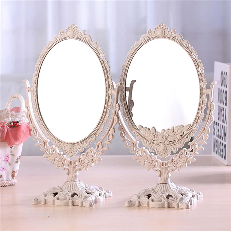 Espejo de maquillaje de escritorio de 360 grados de rotación ovalado de doble cara espejo cosmético Rotable decoración del hogar reflejo de vidrio Espejo de maquillaje de escritorio de 360 grados de rotación ovalado de doble cara espejo cosmético Rotable decoración del hogar reflejo de vidrio