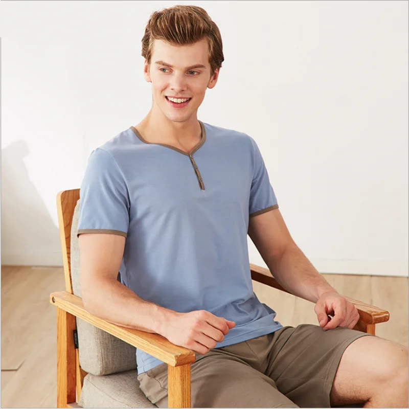 2019 Summer Plus size Two-Pieces Men Casual Pajama sets Modal Sleepwear suit Mens Y shape V-neck collar t shirt &amp Half Pants