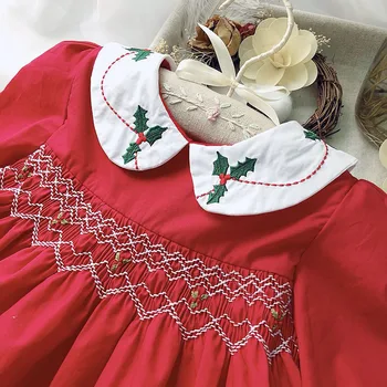 

Baby Smocking Dress Baby Peter Pan Collar Christmas Dress Long Sleeve Red Color Embroidered Boutique Infant Dresses