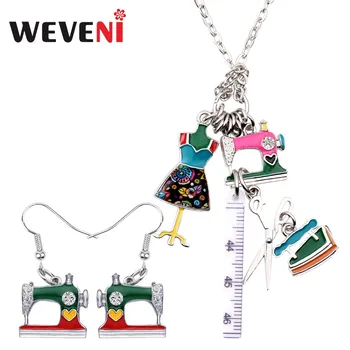 

WEVENI Enamel Alloy Sewing Machine Tools Ruler Scissors Tailor Iron Earrings Necklace Retro Jewelry Sets For Women Girls Gift