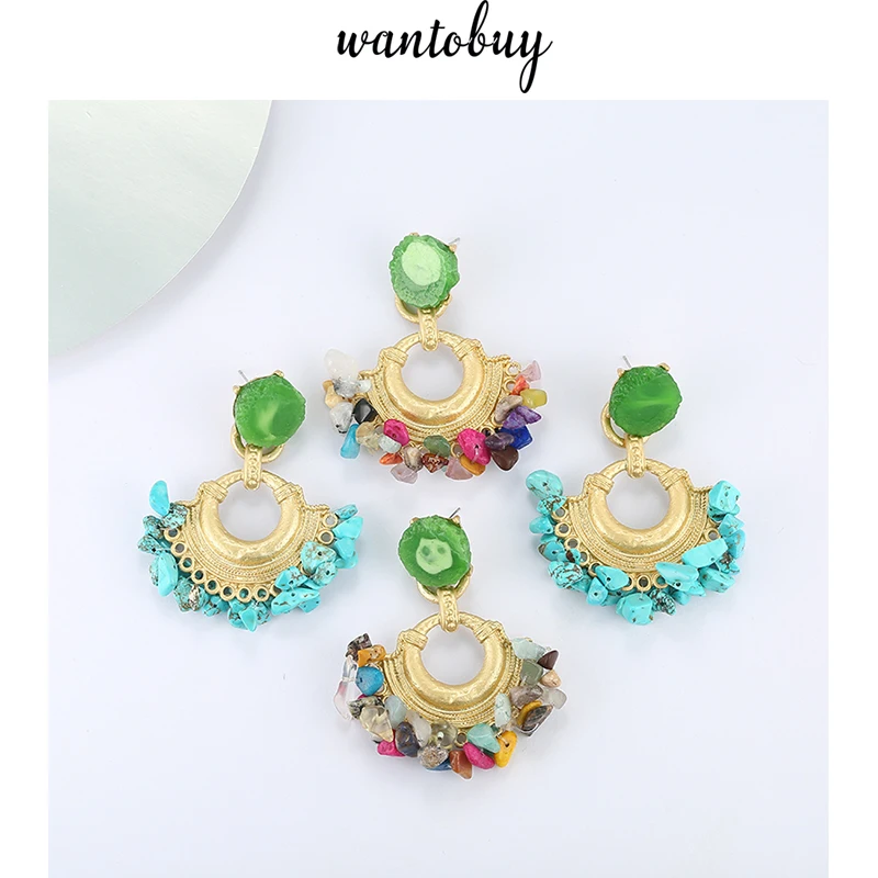 

Wantobuy Brand Colorful Natural Stone Handmade Za Dangle Drop Earrings 2019 Summer Ethnic Bohemia Statement for Women Jewelry