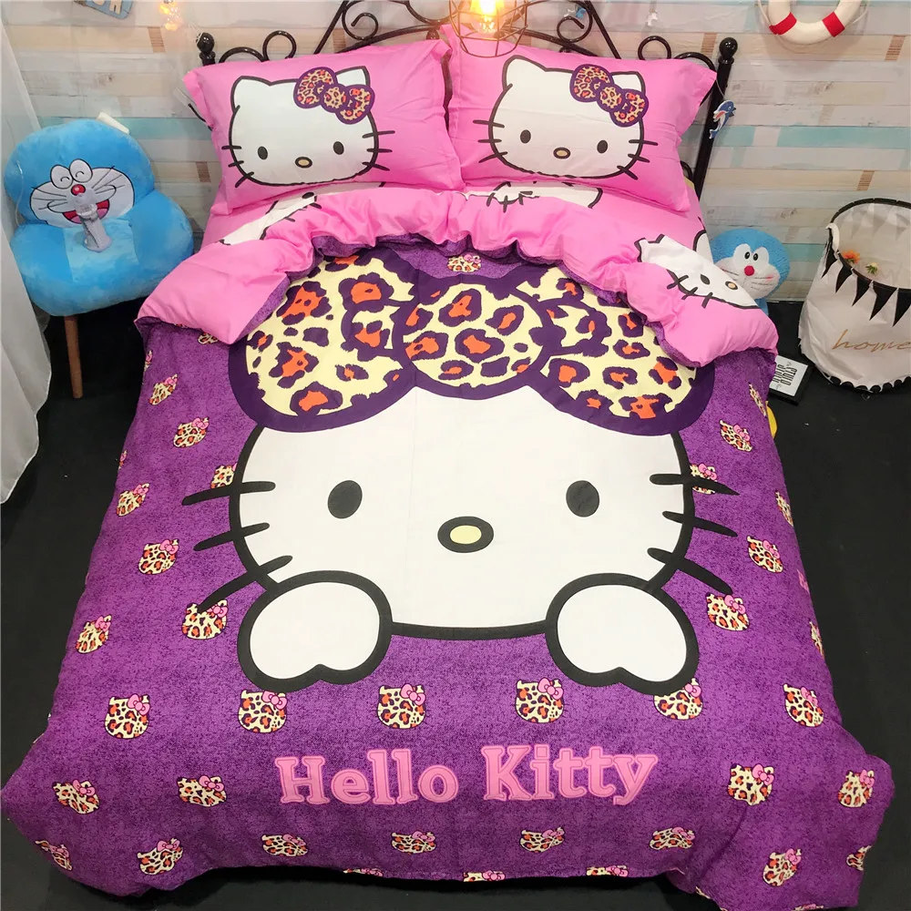 

Hello Kitty Printed Bedding Set For Girls/Kids Candy Color Cotton Duvet Cover/Sheet/Pillowcase/Comforter Cat 4pcs Beddings queen