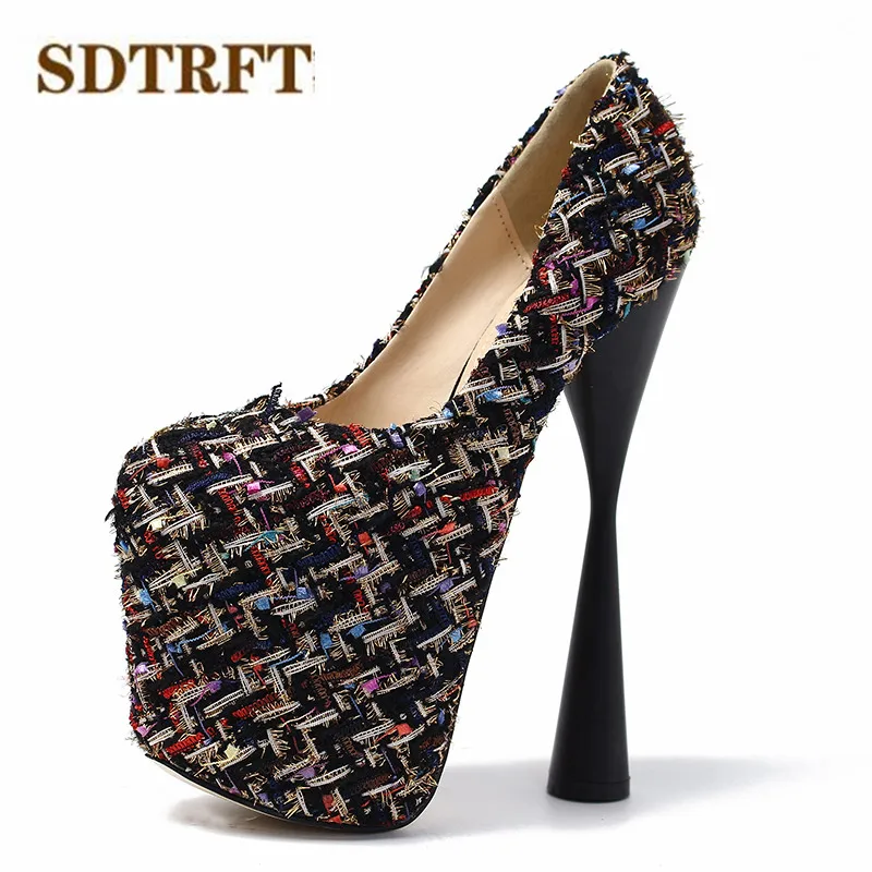 

SDTRFT New Arrival Floral Print zapatos mujer Stilettos 19cm Thick High-Heeled woollen shoes woman platforms SM Cosplay pumps