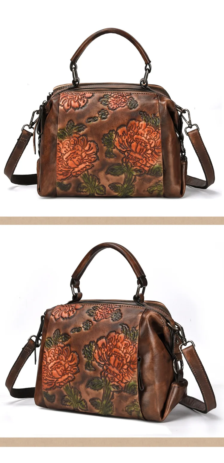 GO-LUCK, брендовая, натуральная кожа, Бостонская, с верхней ручкой, сумка, тоут, женские сумки на плечо, женская сумка через плечо, сумка-мессенджер, Цветочная гравировка