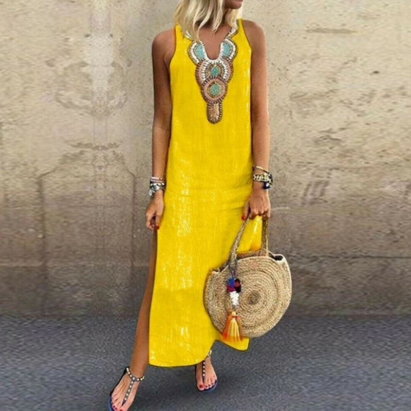 2019 Women Summer Linen Sundress Sexy Split Hem Maxi Dress Sleeveless V-Neck Baggy Dresses Ladies Kaftan Boho Dress Vestidos