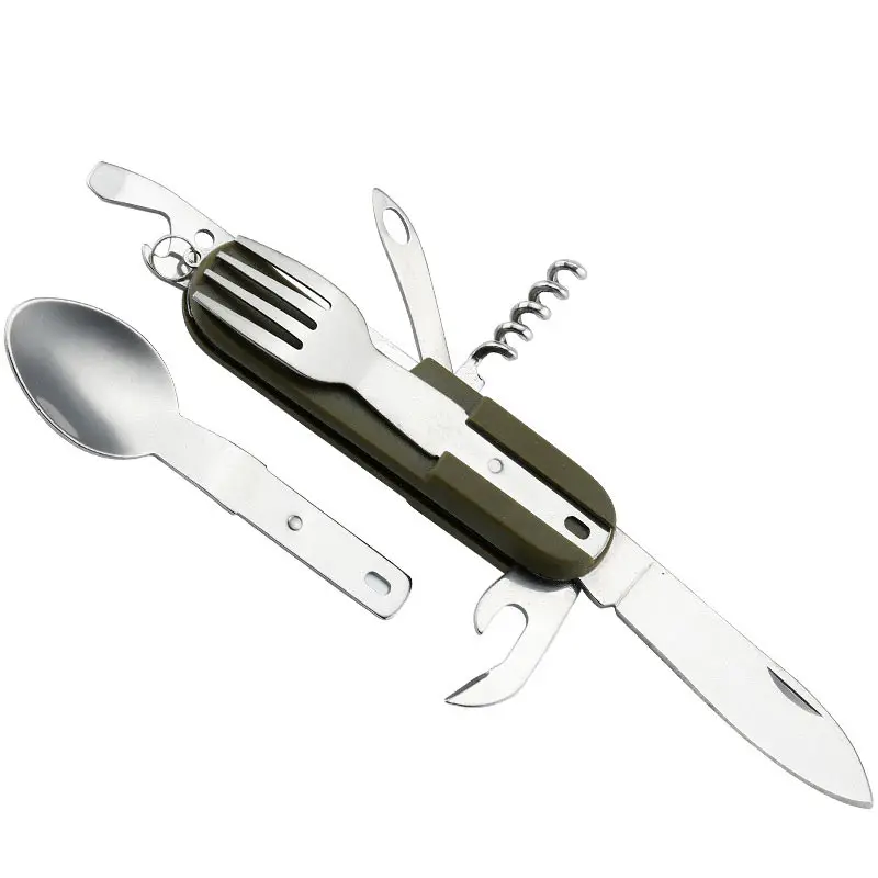 Outdoor Camping Folding Tableware Set Multipurpose Handle Fork Knife Spoon Bottle Opener Canvas Carry Pouch Picnic Cutlery Sets (11)