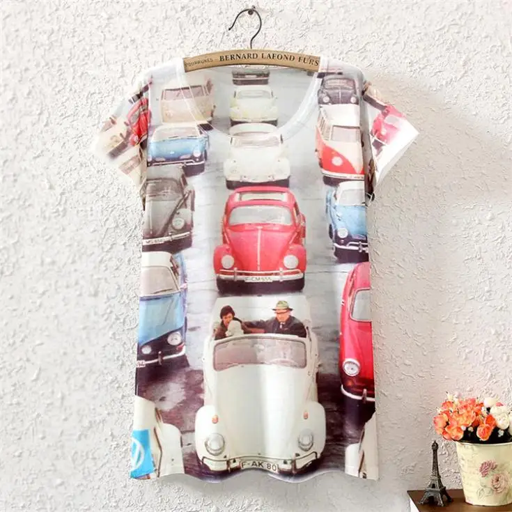 

Spring Real Top Fasion Free shipping None Long Fashion 2014 3 D Design Car for Digital Printing of Polyester Fiber Women T Shirt
