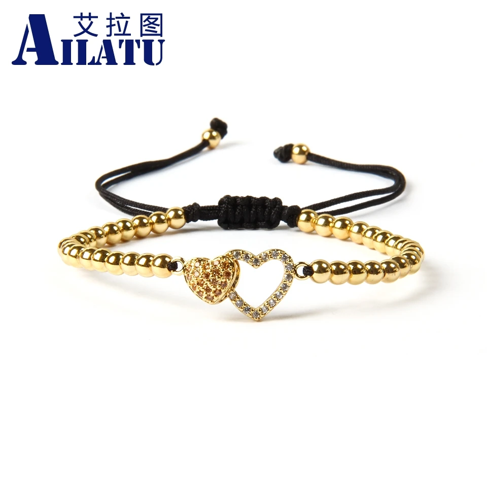 

Ailatu Wholesale 10pcs/lot 4mm Stainless Steel Beads with Micro Pave Double Heart Cz Charm Macrame Bracelet