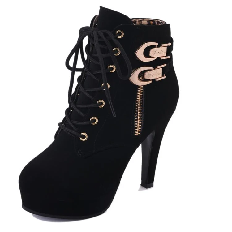 heel 11.5 cm New Autumn Winter Women Boots High Quality Solid Lace-up European Ladies shoes PU Leather Fashion Zip 35-43 | Обувь