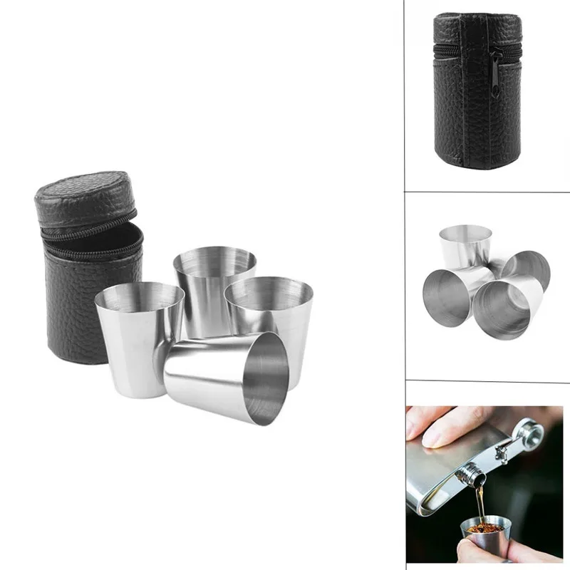 

4Pcs/Set Travel Cup Stainless Steel Camping Mug Wine Beer Whiskey Hip Flask Outdoor Cup For Hiking Bar Drinkware With PU Leather