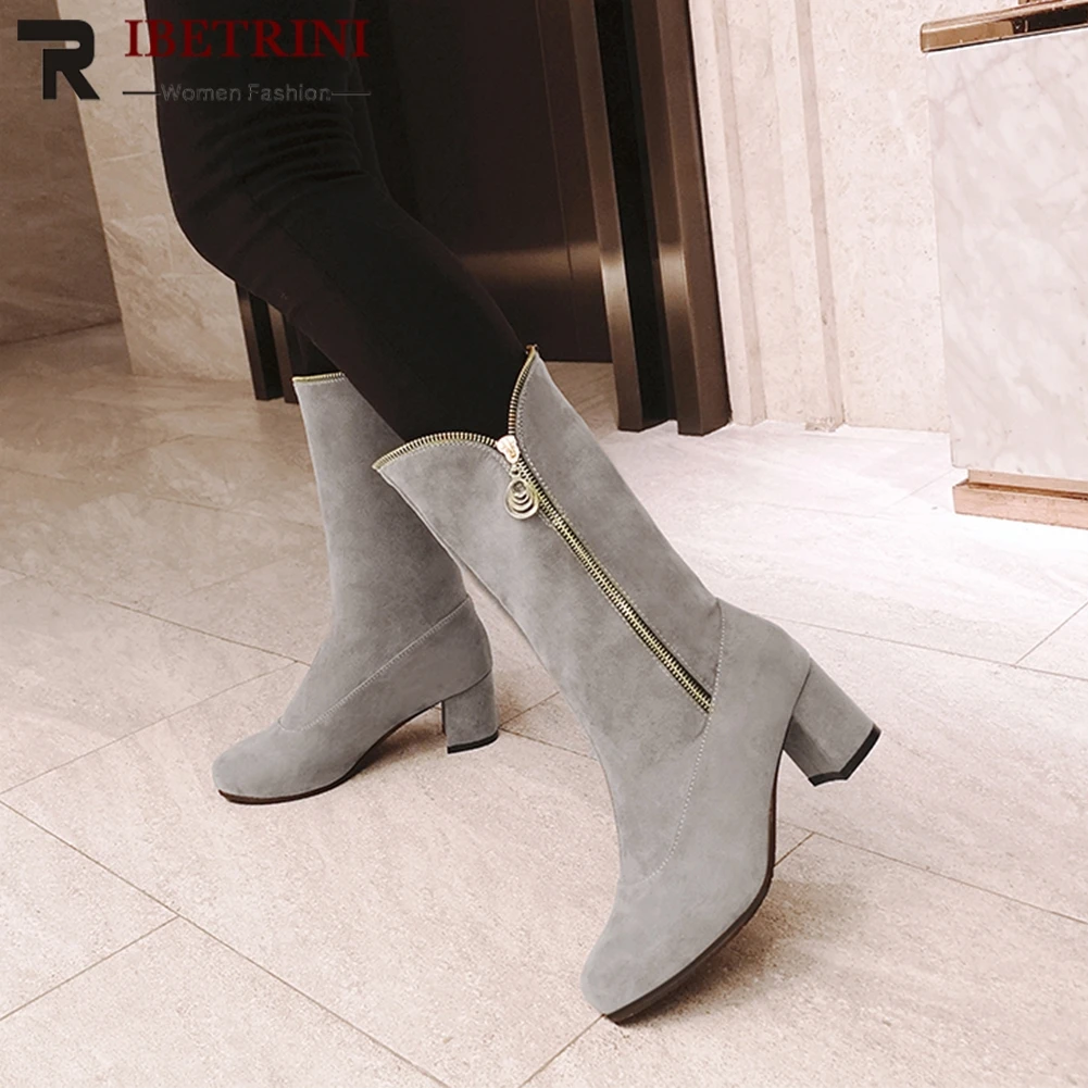 

RIBETRINI Med Calf Boots Woman Fashion Concise Zippers Round Toe Square High Heels women's Boots Woman Plus Size 33-48