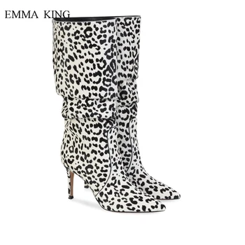 

New Sexy Sapato Feminino Pleated Leopard Print Mid-calf Boots Women Spring Autumn Stiletto High Heels Botas Mujer Ladies Shoes