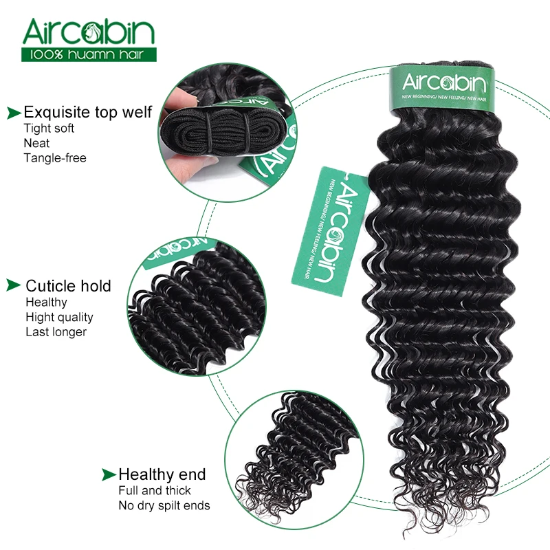 Brazilian Deep Wave Bundles with Closure Human Hair 3 Bundles with Lace Closure Bleached Knots AirCabin Non Remy Extensions