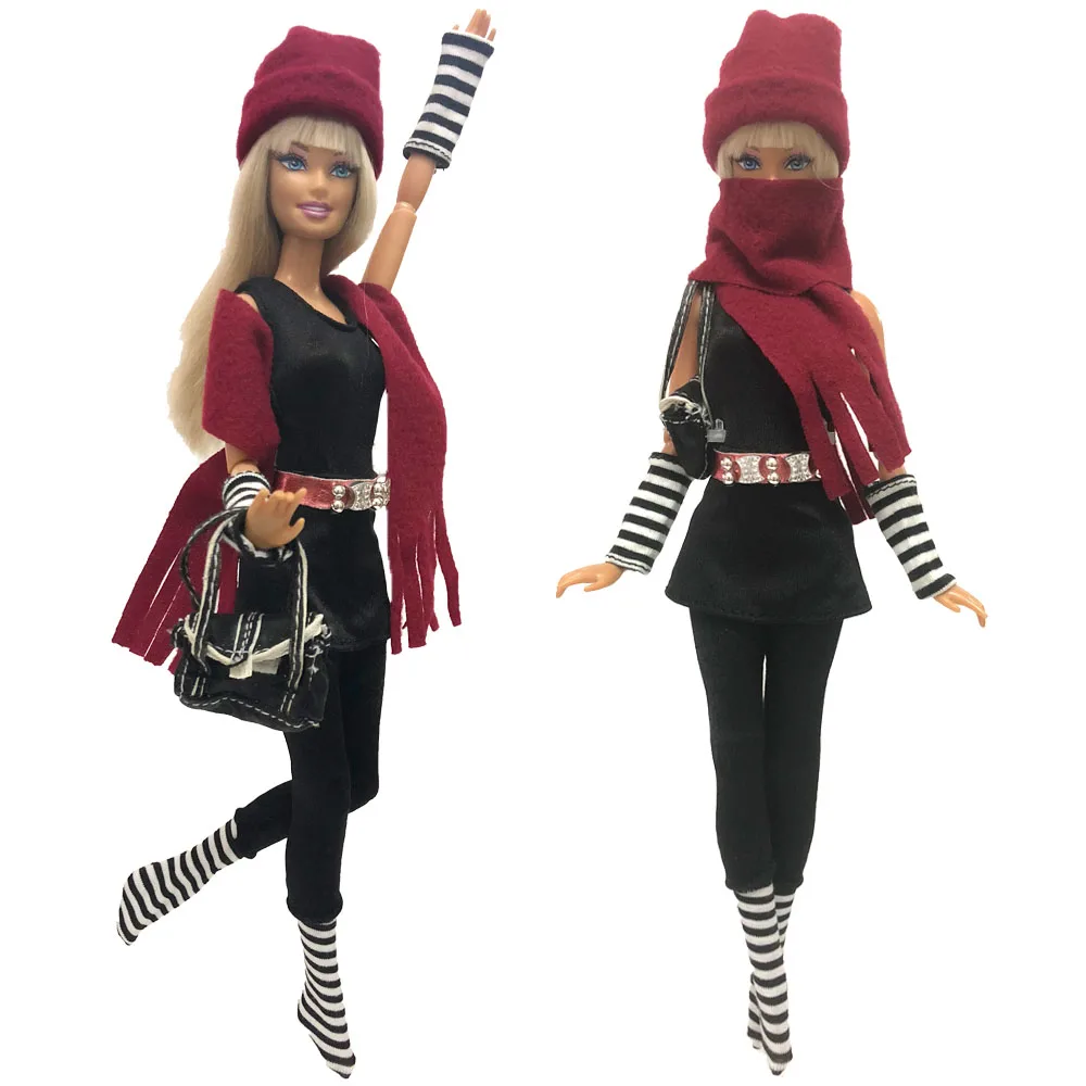 NK комплект Повседневная зимняя одежда ручной работы платье+ обувь+ длинные носки+ шапка+ шарф+ сумка для куклы Барби аксессуары 233A DZ