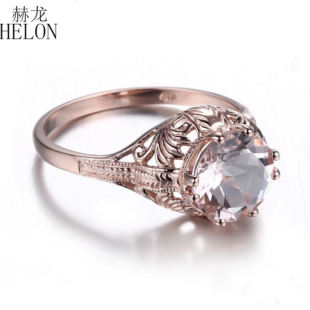 HELON Solid 14 K розовое золото Сертифицированный круглый 8 мм Натуральная Помолвочные, из марганита кольцо Для женщин свадебные Винтаж Стиль