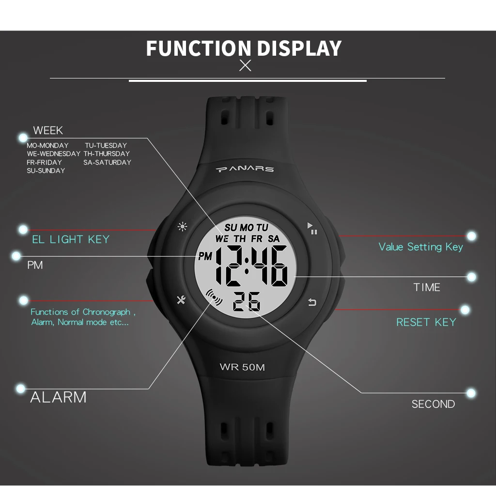 PANARS спортивные детские часы водонепроницаемые светодиодные Многофункциональные детские мужские часы цифровые часы для детей digitaal horloge meisje