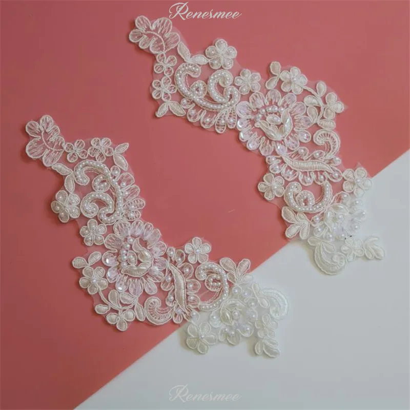 

2Pairs Ivory Beaded Embroidered Lace Flowers Wedding Dress Veil Handmade diy Material Clothing Decoration Accessories Patch 7X22