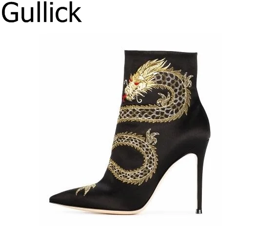 

Women Black Embroider Animal Prints Decoration Short Boots Spring Fashion Pointed Toe Side Zipper Ankle Boots High Thin Heels