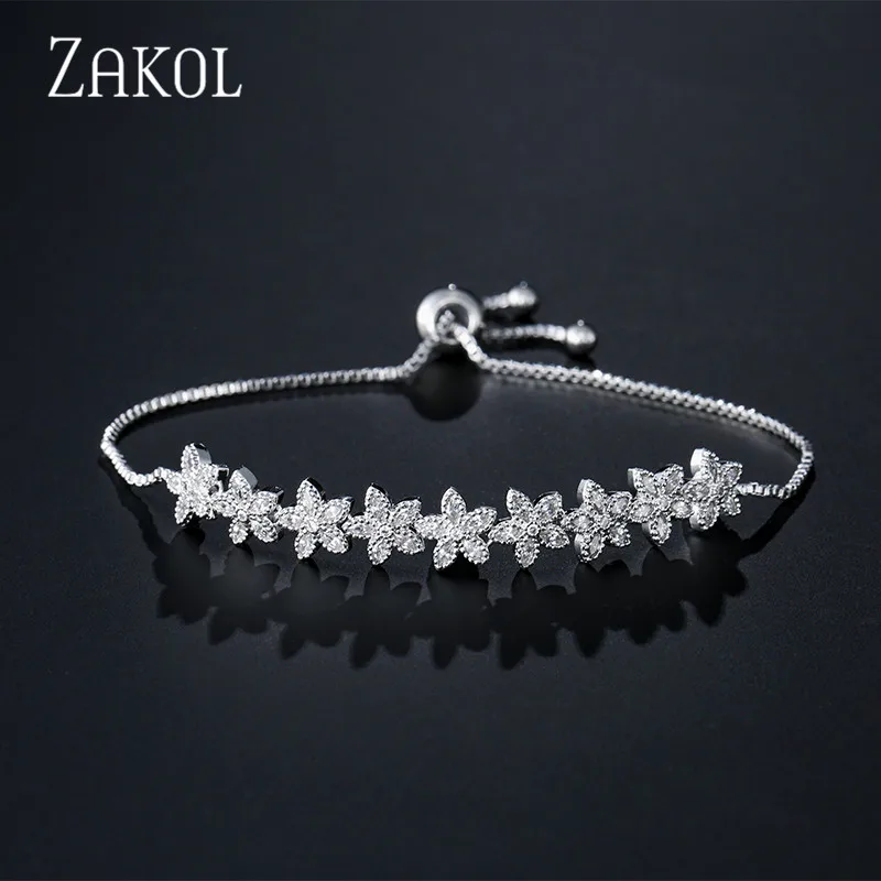 

ZAKOL Brand Micro Pave Setting Cubic Zirconia Crystal Flower Bracelets with Adjustable Slide Lock for Women or Wedding FSBP2079