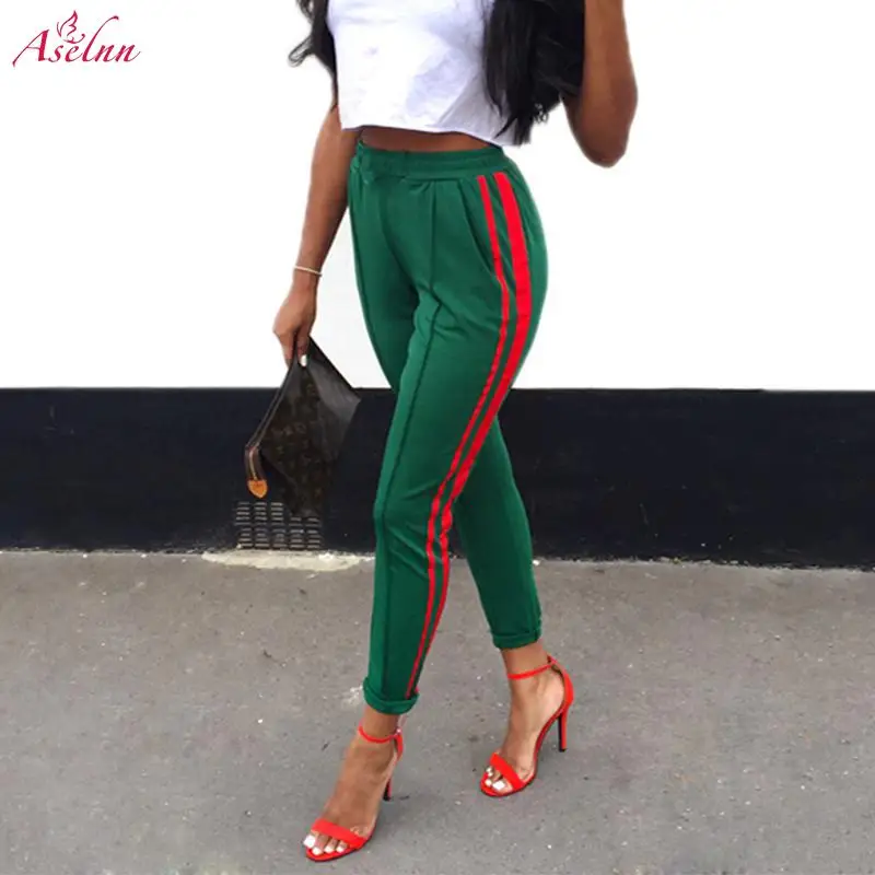 

Aselnn 2019 Women Mid Waist Harem Pants Autumn Elastic Casual Pants Female Workout Green Striped Sporting Pants Trousers