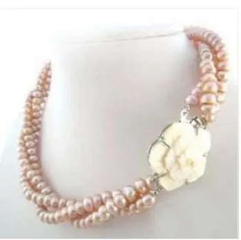 

3 Rows Wite Black Button Pearl Flower Clasp Necklace
