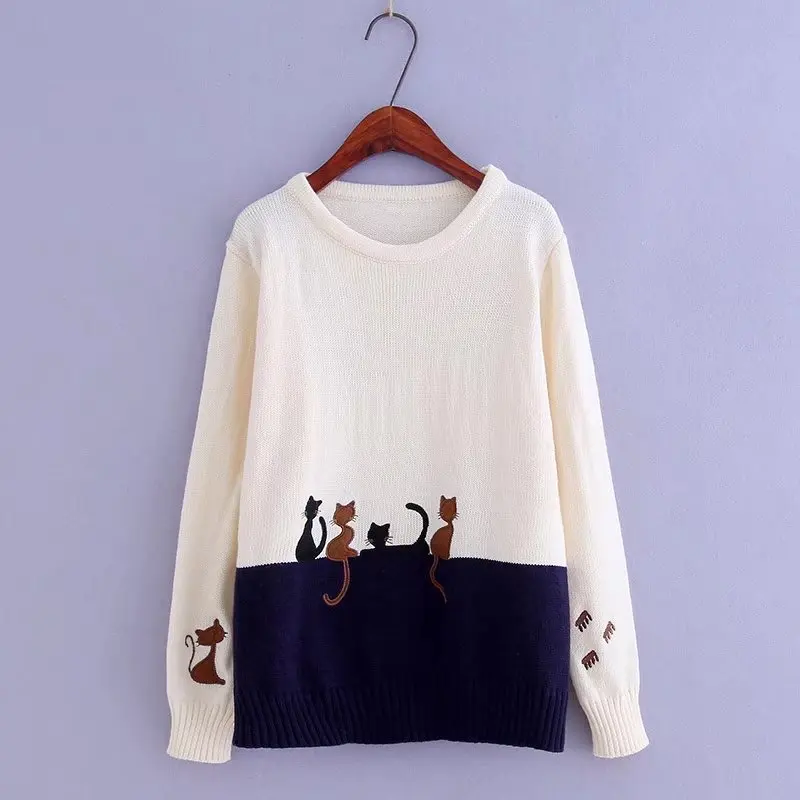 Весенний пуловер с длинными рукавами и круглым вырезом и вышивкой котенка в стиле mori girl, свитер, 26938