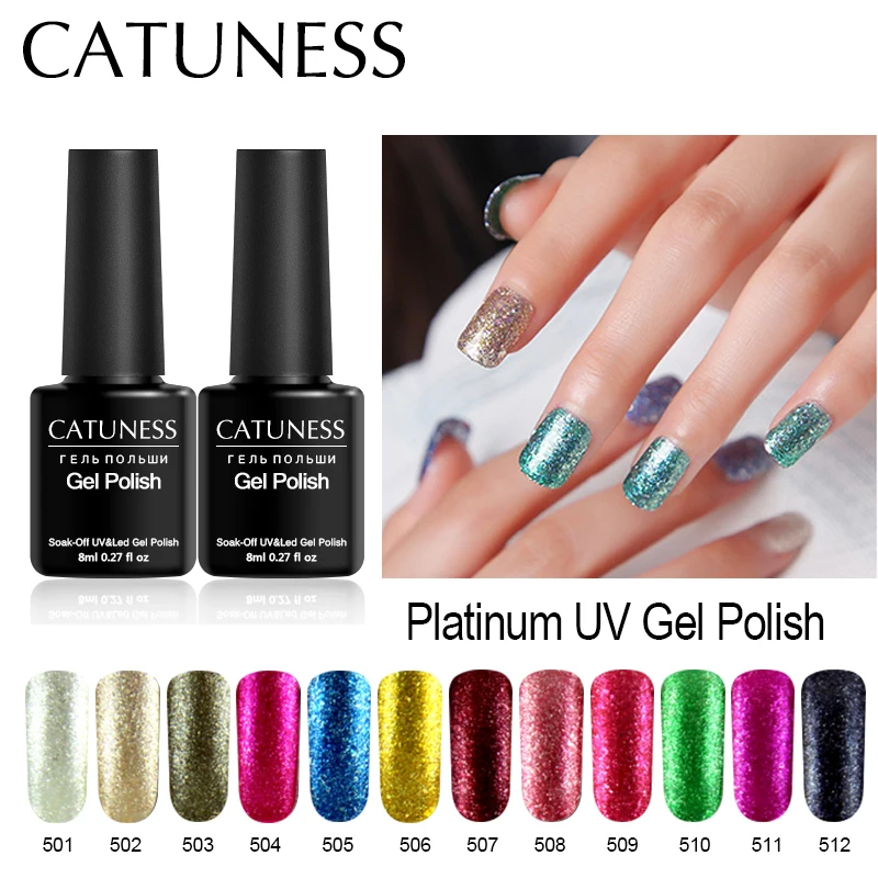 

CATUNESS Shining Platinum Nail Gel Polish Long Lasting Fingernail Gel Varnish Soak-off LED UV Color Top Sequins Nail Gel Paint