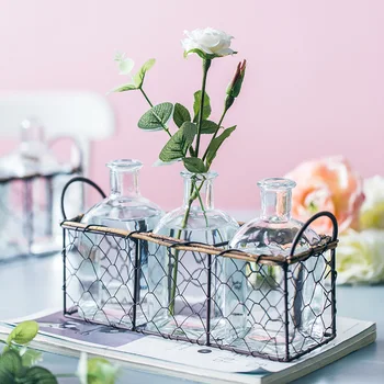 

Nordic Glass Vase Retro Wrought Iron Rattan Hydroponic Vase Dried Flowers Inserted Desktop Ornaments Home Decoration
