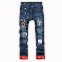 Мода проблемных Мужские Байкерские Джинсы Брюки реверс Slim Fit Плиссированные Мотоцикл Джинсовые Бегунов Мужчины Грузовые Штаны OE080