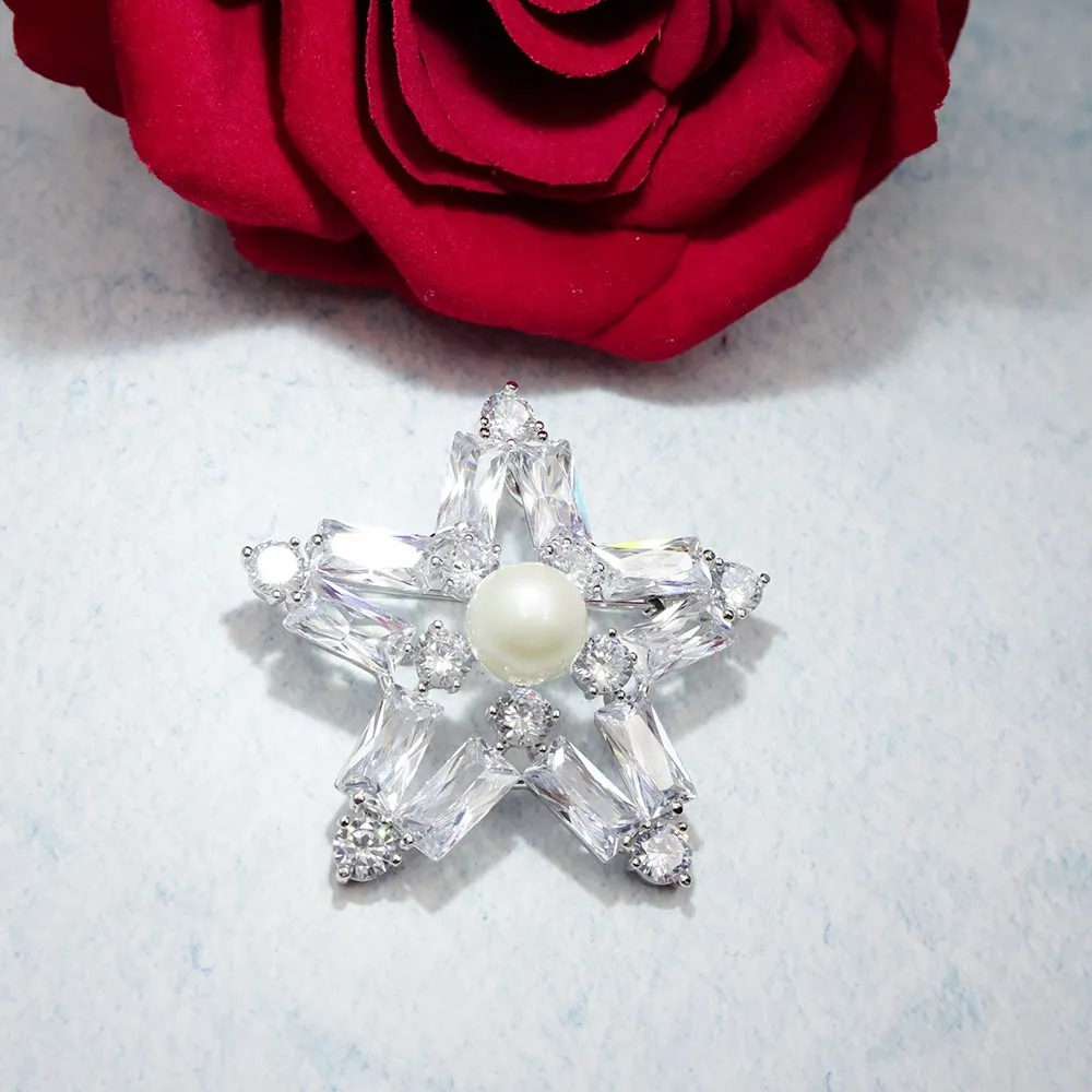 

New Luxury Cubic Zirconia Brooches Women Men Fashion Simulated Pearl Star Brooch Scarf Collar Pins Christmas Jewelry