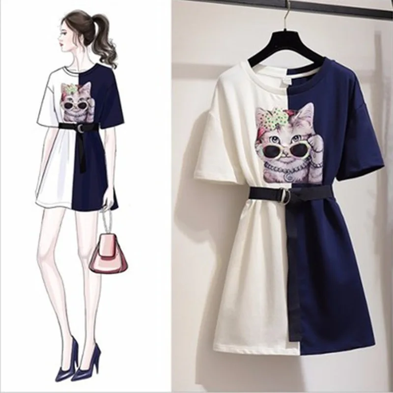 

ICHOIX Cute printed long T-shirt dress casual with belt Korean style women dress oversize streetwear student summer dress 2019