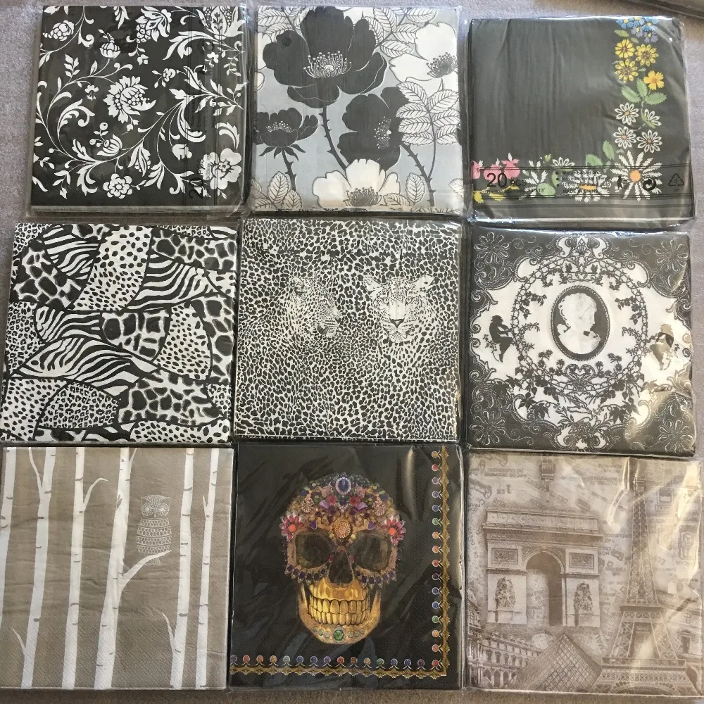 

20 vintage napkin paper tissue decoupage black white gray flower angel skull birthday wedding party home decor cute servilletas