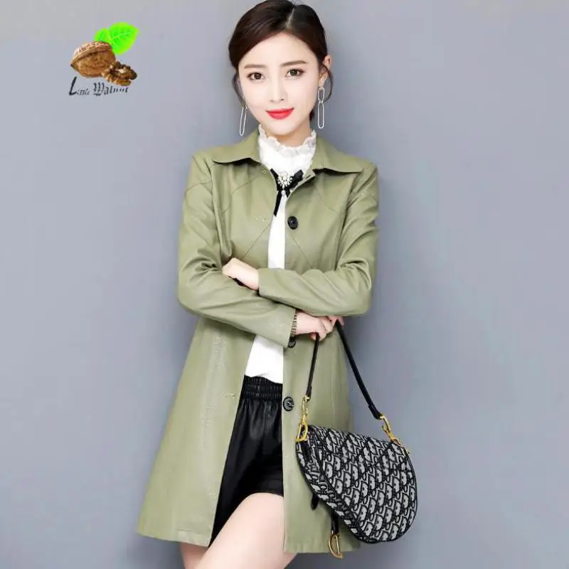 New Women Sheepskin Vintage Genuine Sheep Leather Jacket Lady Spring Turn-down Collar Single Breasted Long Plus Size Slim Coats