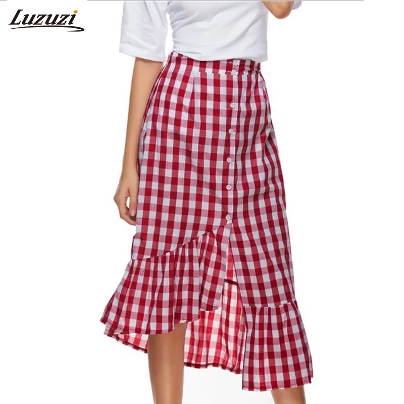 

Plaid Skirt Women Ruffles Trumpet Mermaid Skirts Womens Gingham Check Spring Summer Long Skirt Faldas Mujer Jupe Femme Z2923