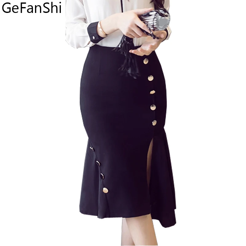 

Autumn Womens Elegant Vintage Chiffon Patchwork Open Split Skirts High Waist Casual Party Button Fashion Slim Sexy Midi Skirt
