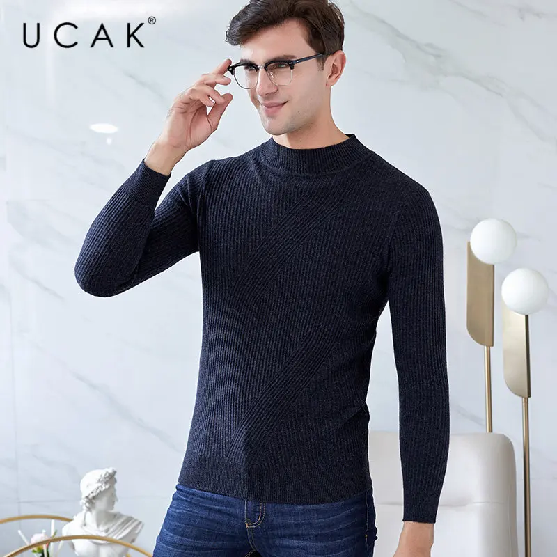 UCAK бренд мериносовой шерстяной мужской свитер уличная Slim Fit Pull Homme Осень Зима Водолазка свитера кашемировый пуловер для мужчин U3046